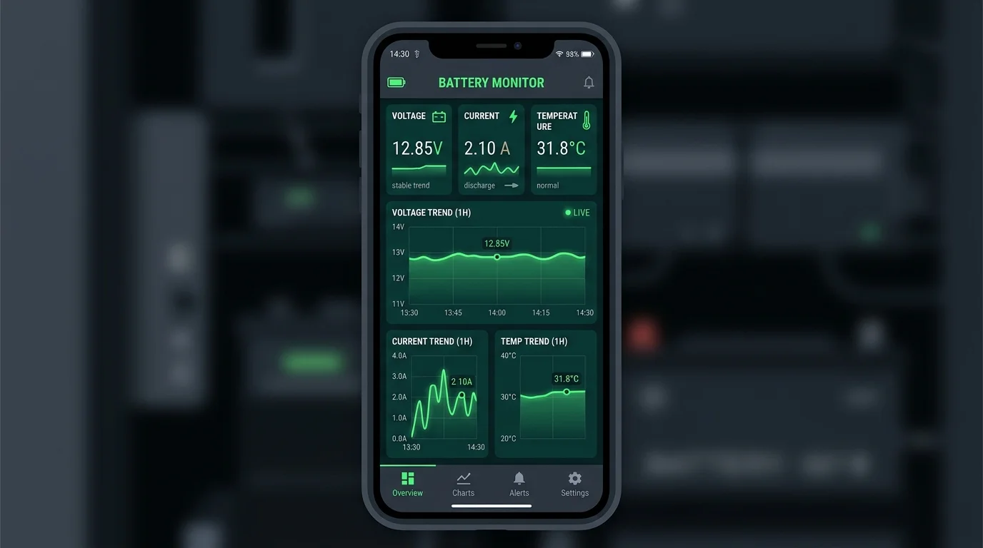 BAT-BMS App interface mockup dashboard showing system telemetry