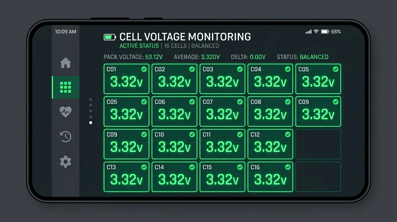 Individual cell voltage monitor display within the BAT-BMS application