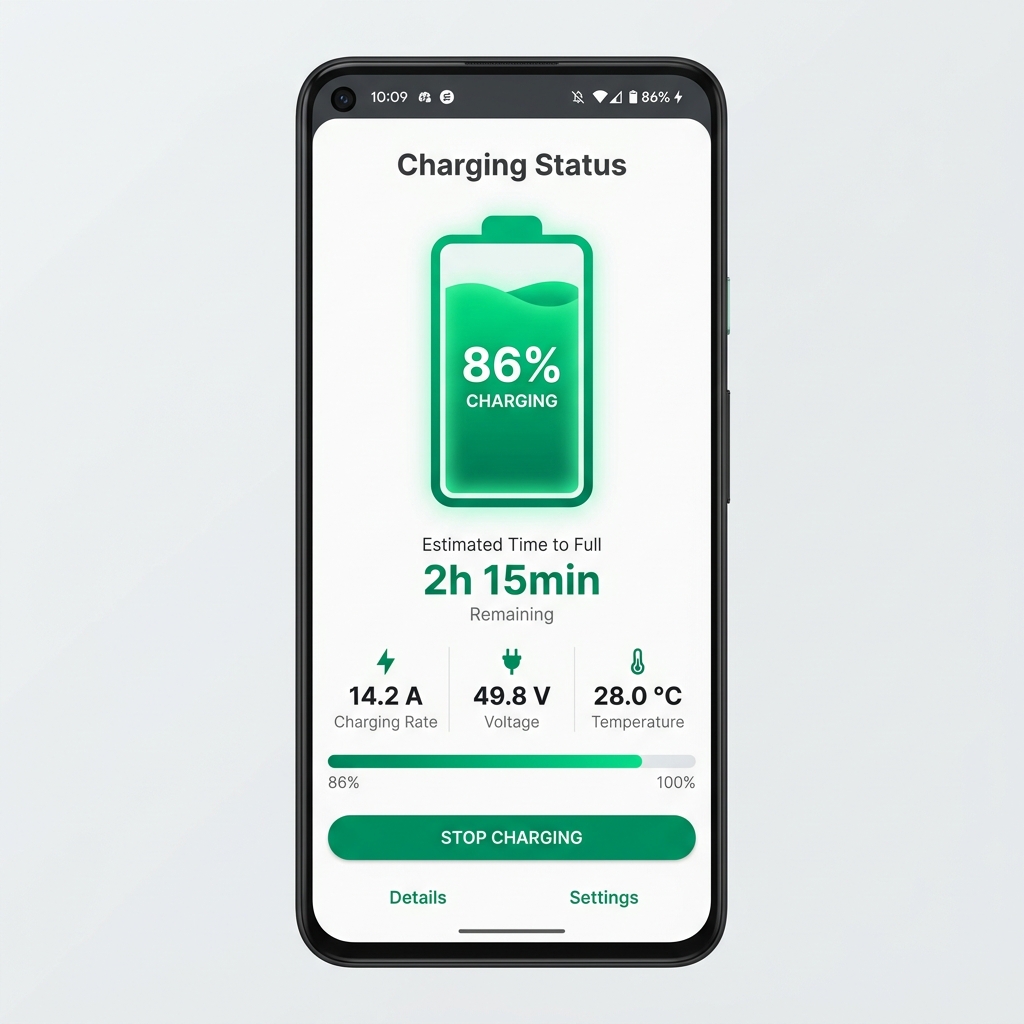 BatBMS charging status screen showing battery filling up with current, voltage and time remaining