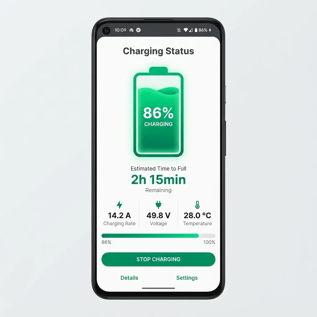 BAT-BMS charging status screen showing battery filling up with current, voltage and time remaining