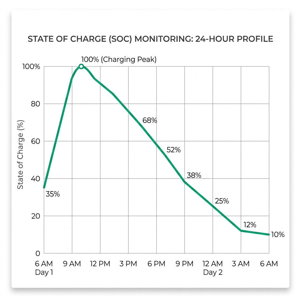 BatBMS SOC monitoring chart showing 24-hour charge and discharge cycle