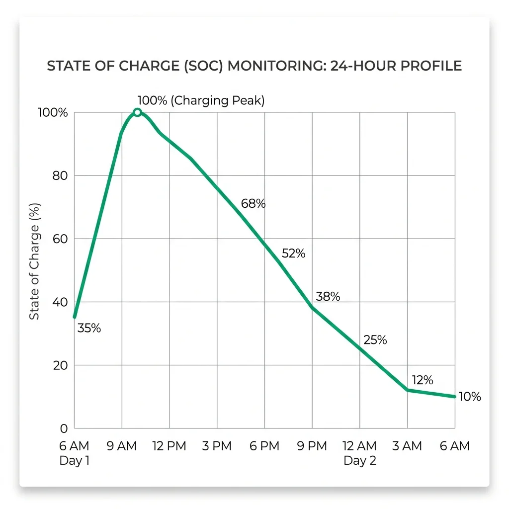 BAT-BMS SOC monitoring chart showing 24-hour charge and discharge cycle