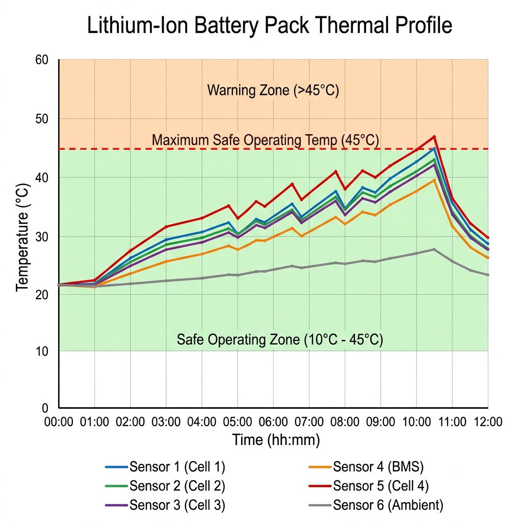 BatBMS temperature monitoring graph showing safe zone and warning zone above 45 degrees